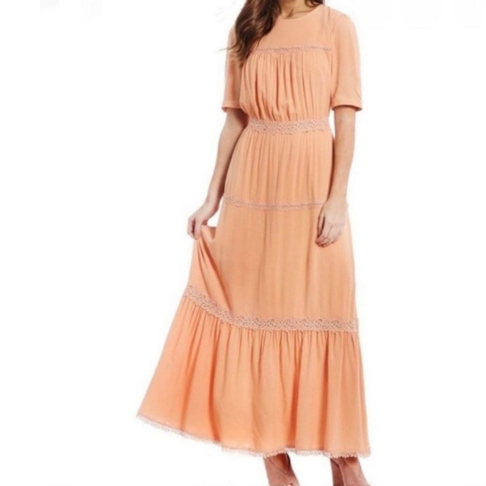Gibson Latimer Peach Tiered Laced Inset Maxi Dress Size S Prairie Victorian Boho